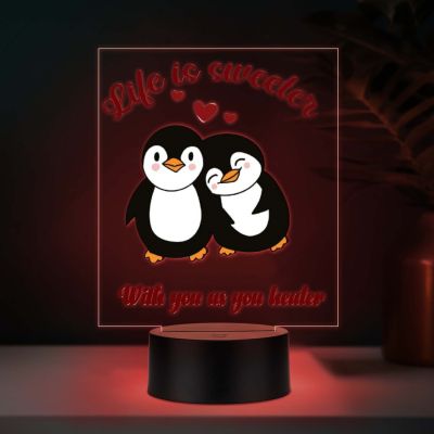 Cute Romantic Couple Penguins Design Acrylic UV Printed LED Night Lamp with Automatic Color Changing Light Gift for Couples